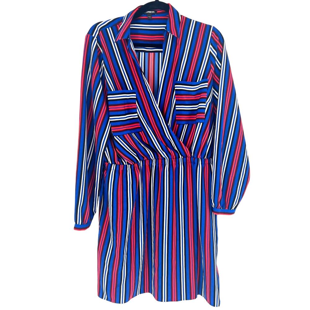 Express Red White Blue Black Striped Collared Dress Size Large